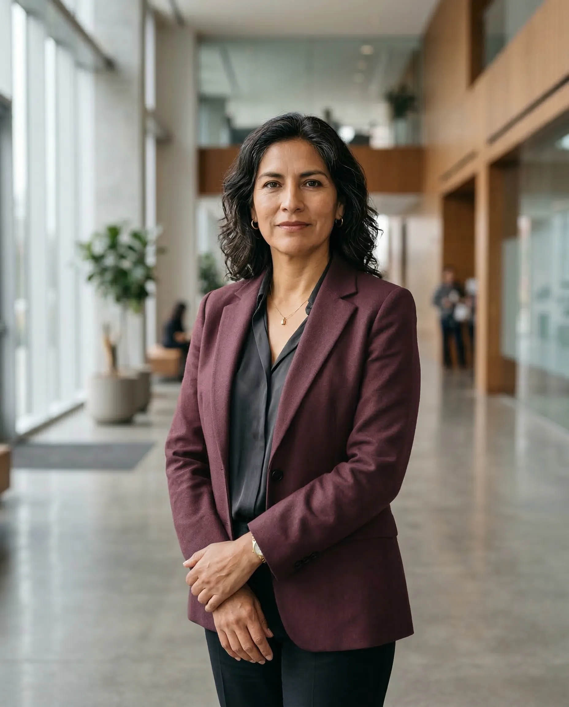 Mujer ejecutiva latinoamericana con presencia y autoridad en interior corporativo