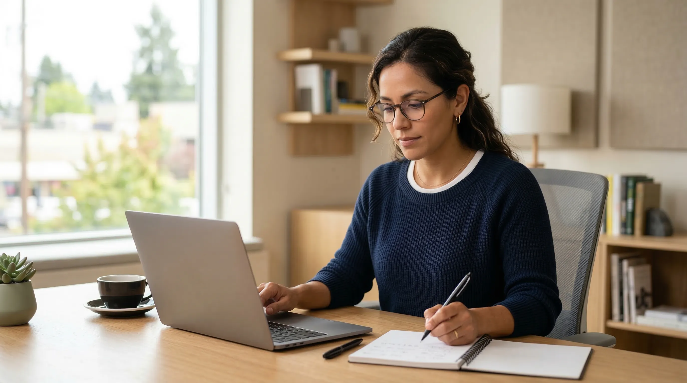 Mujer profesional estudiando documentación técnica en espacio de trabajo moderno