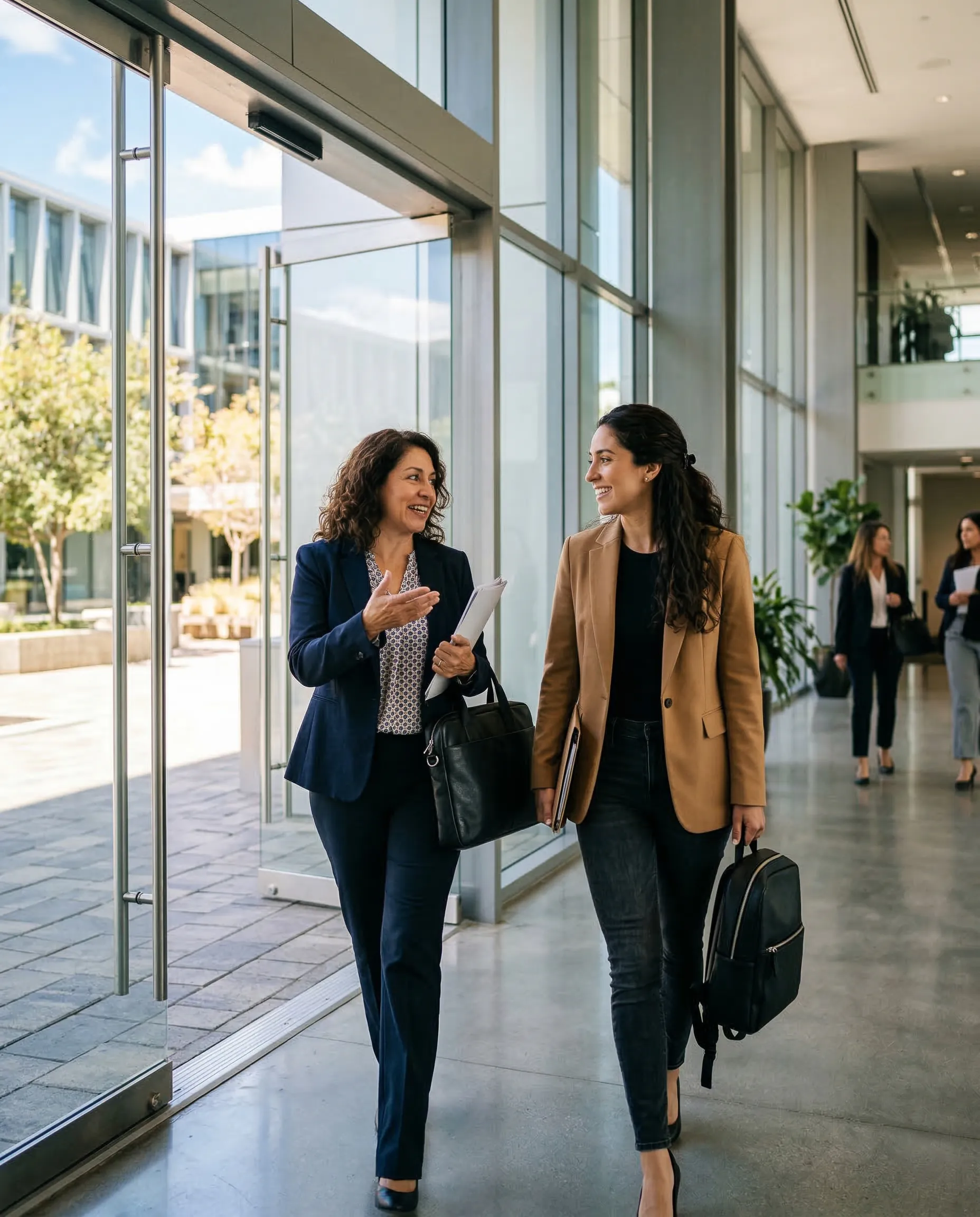 Dos mujeres profesionales latinoamericanas entrando juntas a edificio corporativo en conversación