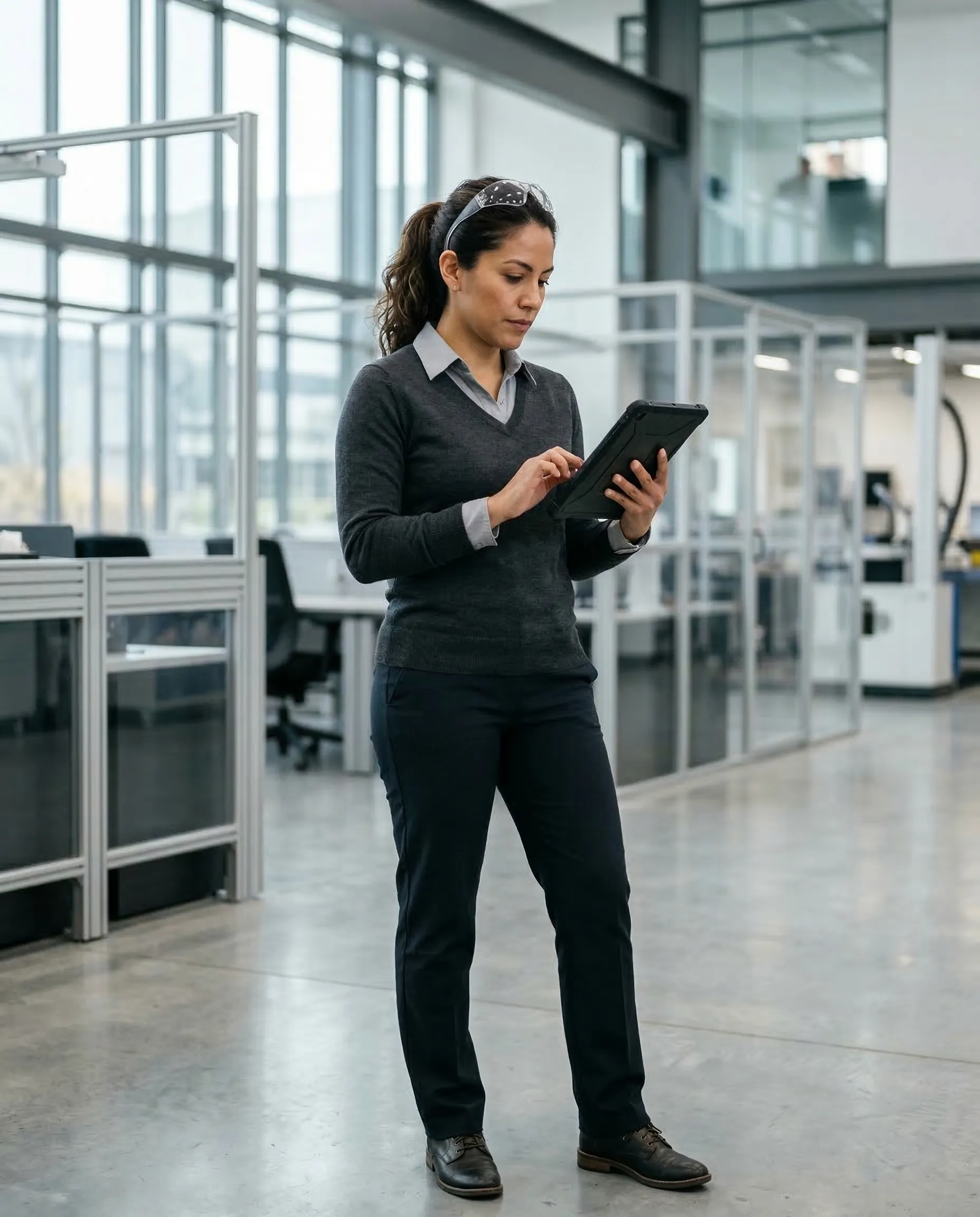 Mujer profesional latinoamericana revisando documentos técnicos en entorno industrial moderno