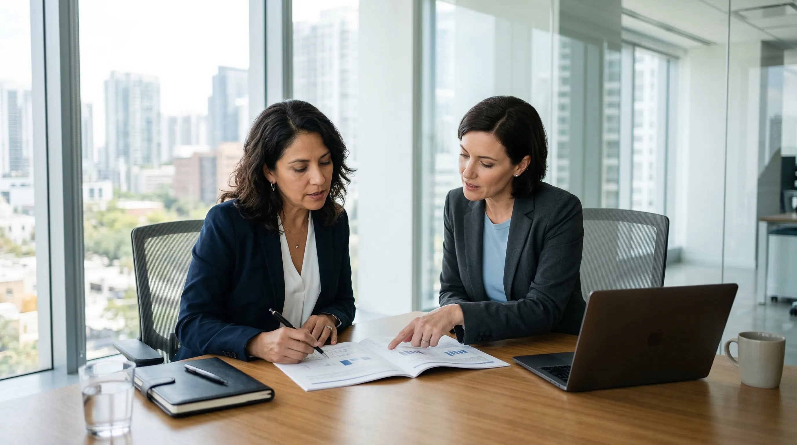 Dos mujeres ejecutivas revisando documentos en sala de reuniones moderna
